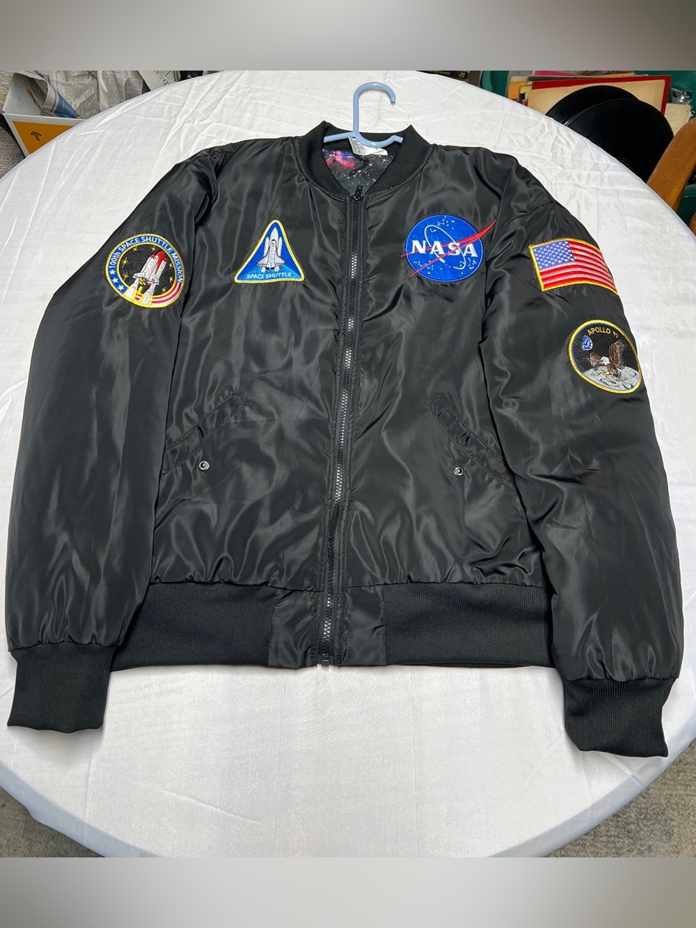 Spirit Halloween NASA Apollo 11 Bomber Jacket Adult Large Galaxy Lining Black